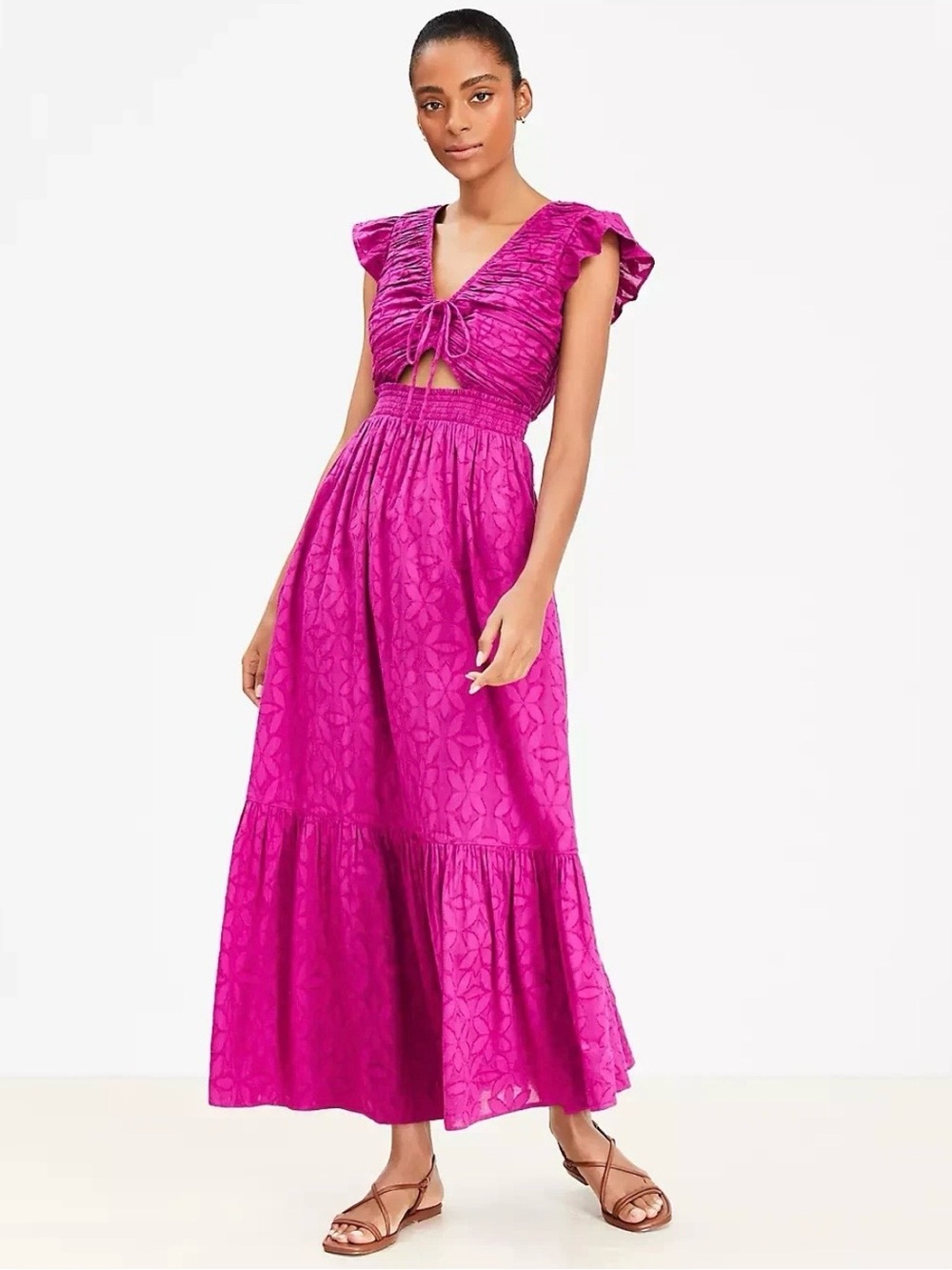 LOFT Beach 100% cotton Magenta Tie-Front Cutout Maxi Dress S